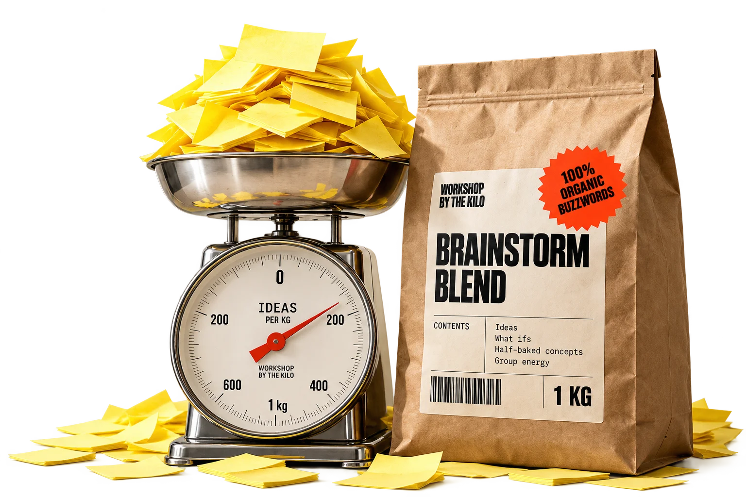 A chrome weighing scale overflowing with yellow sticky notes beside a Brainstorm Blend kraft bag.