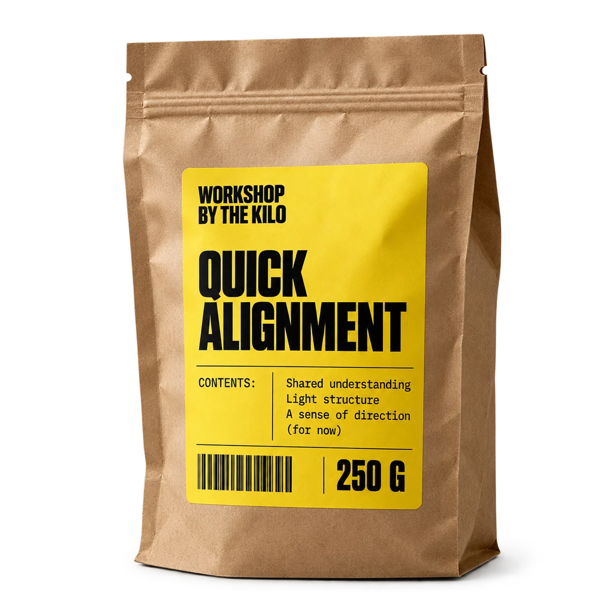 Small kraft pouch with a yellow Quick Alignment label, 250 grams.